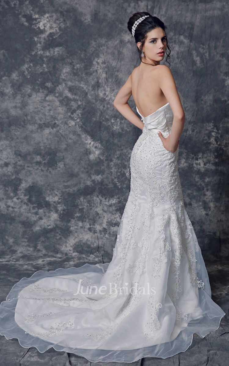 Strapless Ruched Organza Gown With Satin Bust and Lace Applique