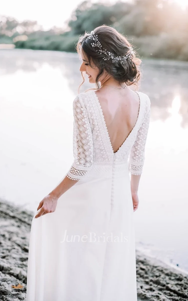 Country A Line Lace Boho 3/4 Sleeve Spring Wedding Dress Vintage Deep V Back Floor Length Bridal Gown