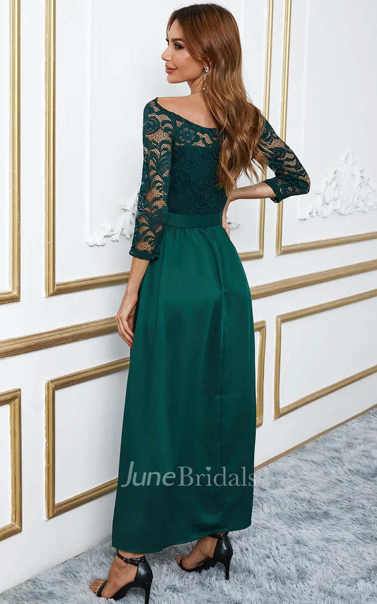 Modest A-Line Satin Cocktail Dress With 3/4 Length Sleeves And Illusion back