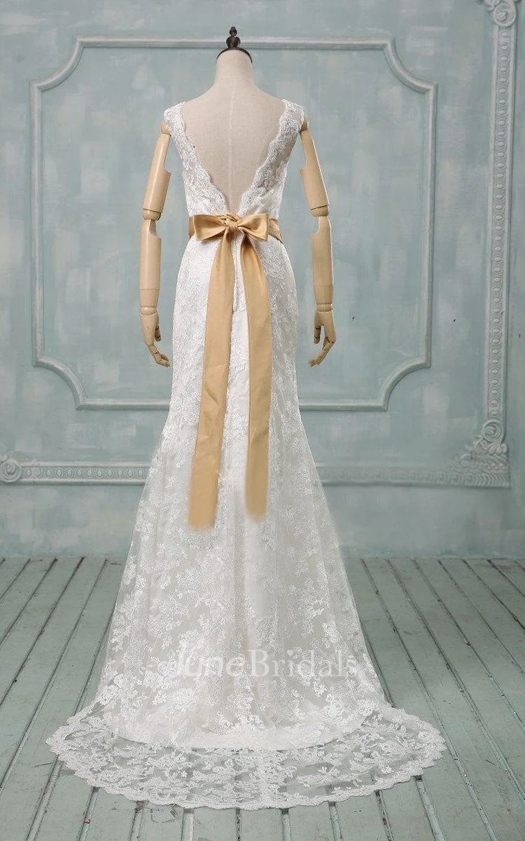 V-Neck Deep-V Back Sheath Lace Wedding Dress With Sash And Crystal Detailing