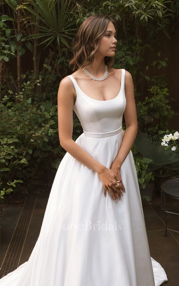 Solid A-Line Scoop Neck Straps Satin Wedding Dress Floor-length Sleeveless Button Back Bridal Gown