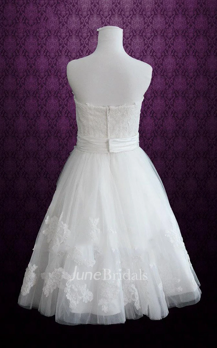 Short Knee-Length Strapped Tulle Lace Satin Weddig Dress