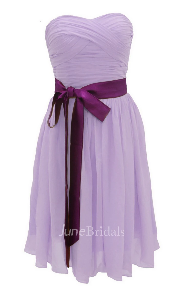 Strapless Ruched Dress WIth Satin Sash and Drapping