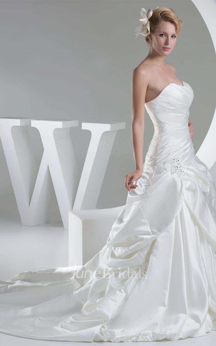 Sweetheart Ruched Pick-Up Gown with Ruffles and Court Train