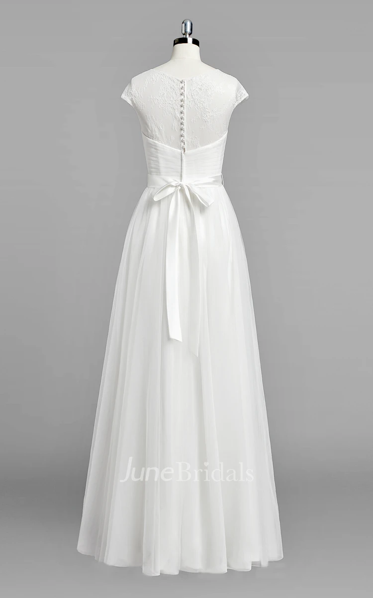 V-Neck Cap Sleeve A-Line Chiffon Wedding Dress With Beading