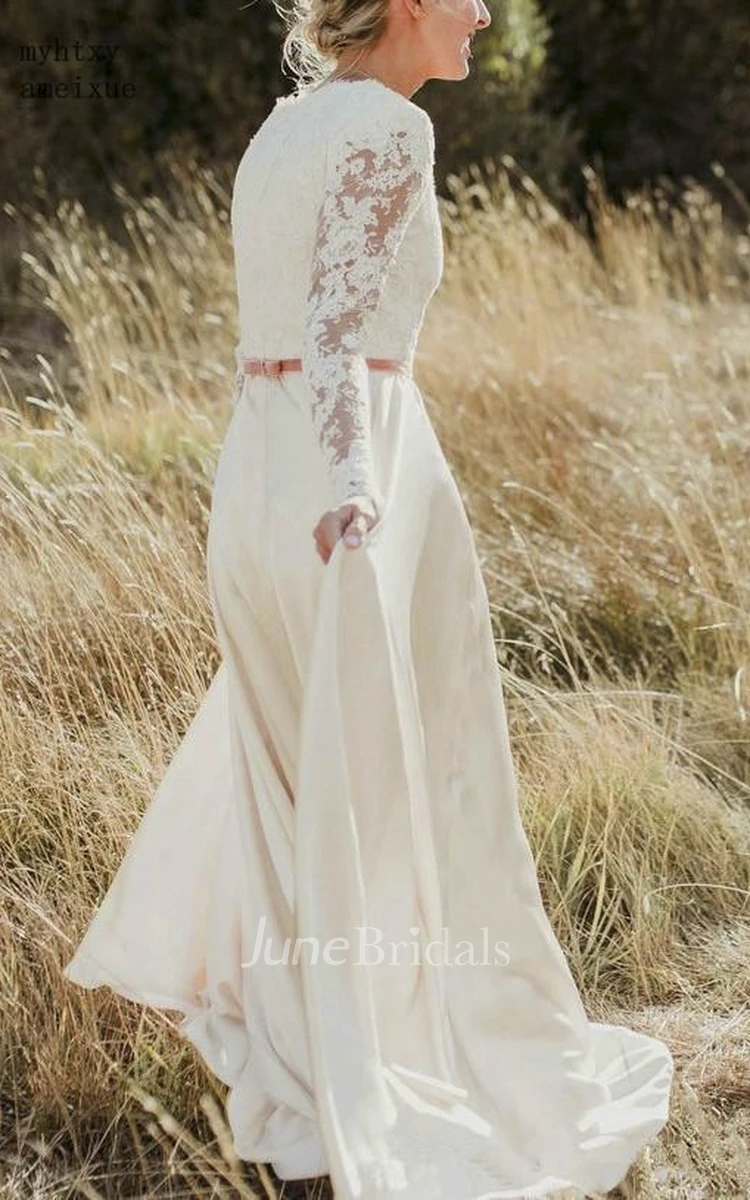 Elegant Sheath Scalloped Long Sleeve Lace And Satin Wedding Dress