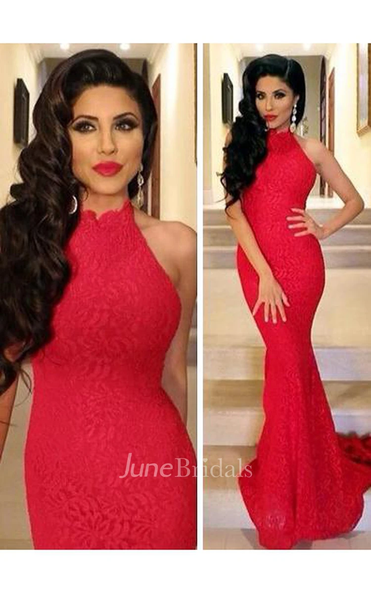 Lace Sexy Mermaid Prom Dress Red High-neck Sleeveless Evening Gowns