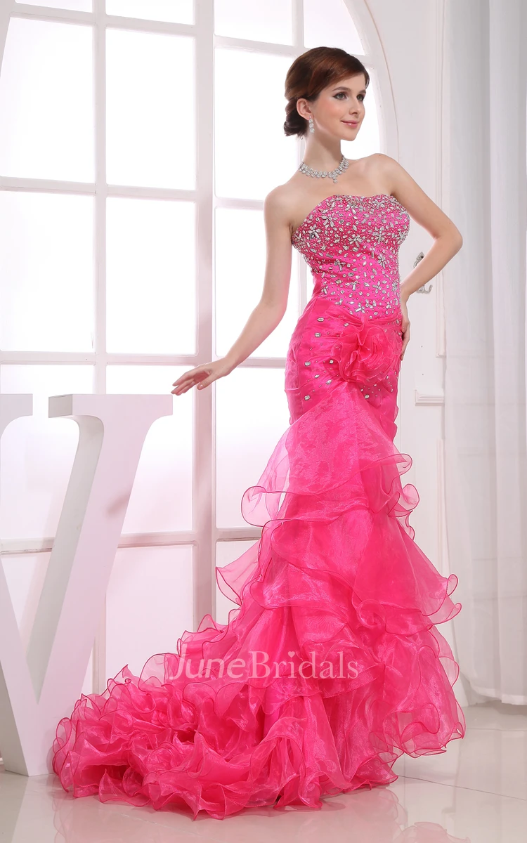 Strapless Beaded Sheath Dress With Ruffles and Brush Train