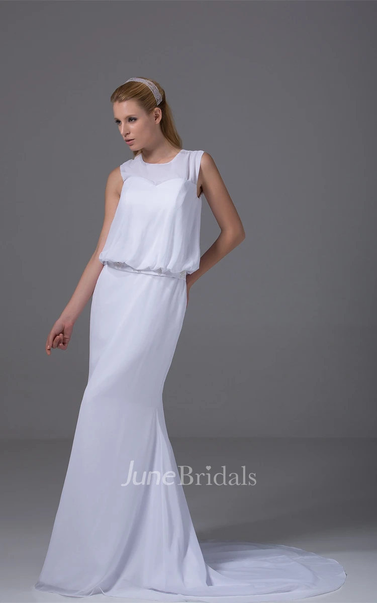 Gossamer Sleeveless Chiffon Mermaid Dress with Beaded Waist and Court Train