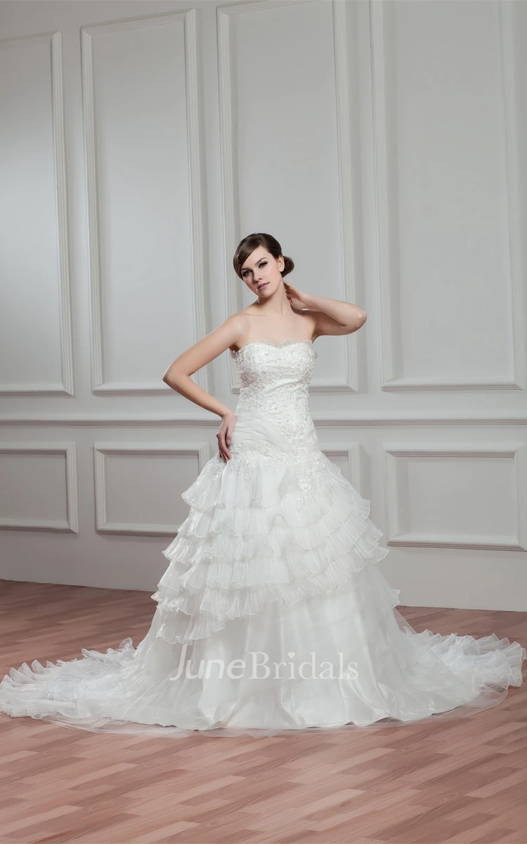 Sweetheart Tiered A-Line Gown with Appliques and Jeweled Top