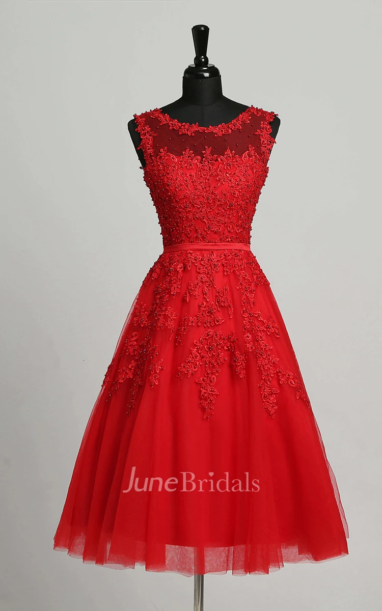 A-Line Scoop Tulle Modest Adorable Knee-length Sleeveless Zipper Illusion Dress with Appliques Sequins