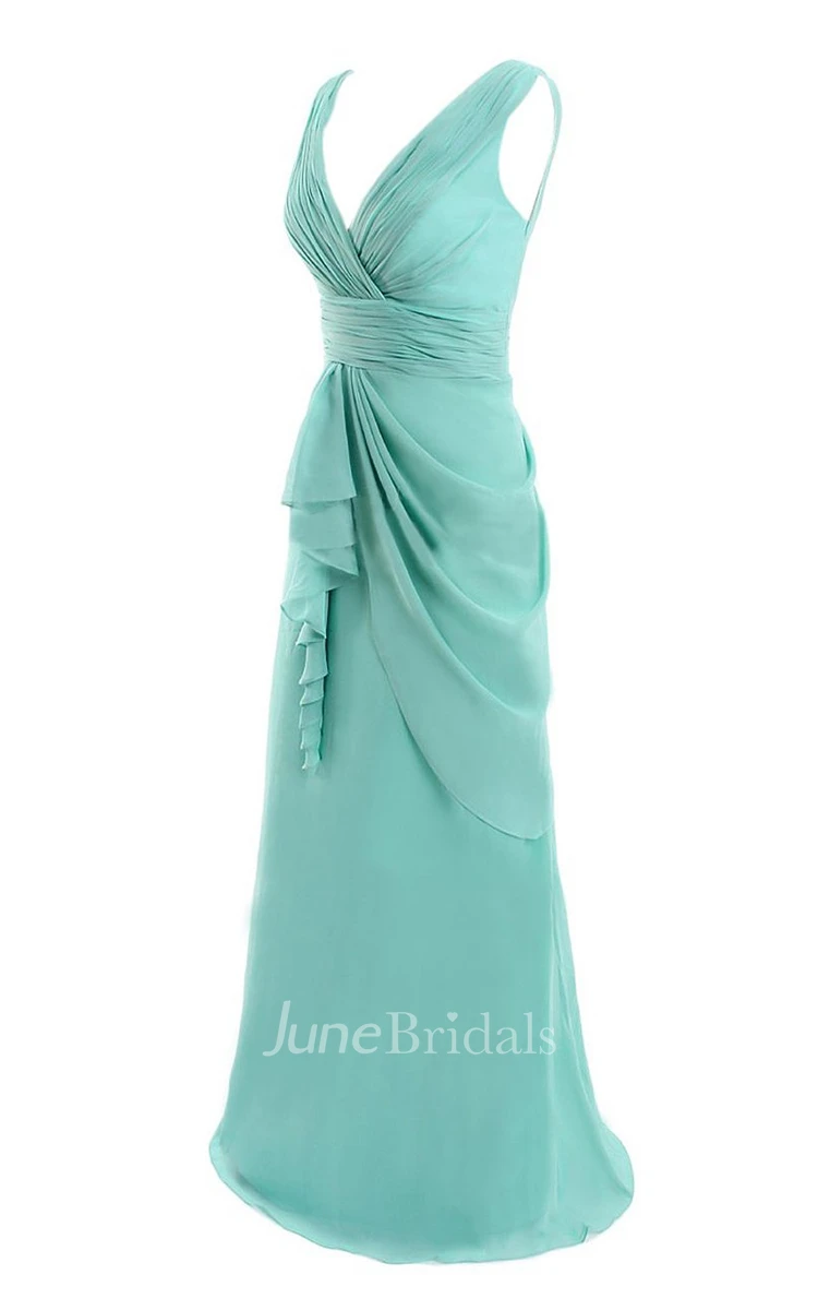 V-neck Drapped Chiffon A-line Gown With Ruched Band