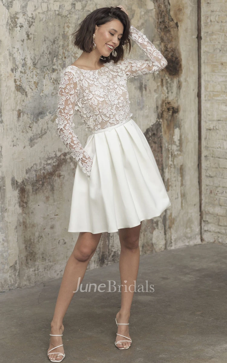Simple A Line Short Knee-length Satin Lace Bateau Long Sleeve Wedding Dress  - June Bridals