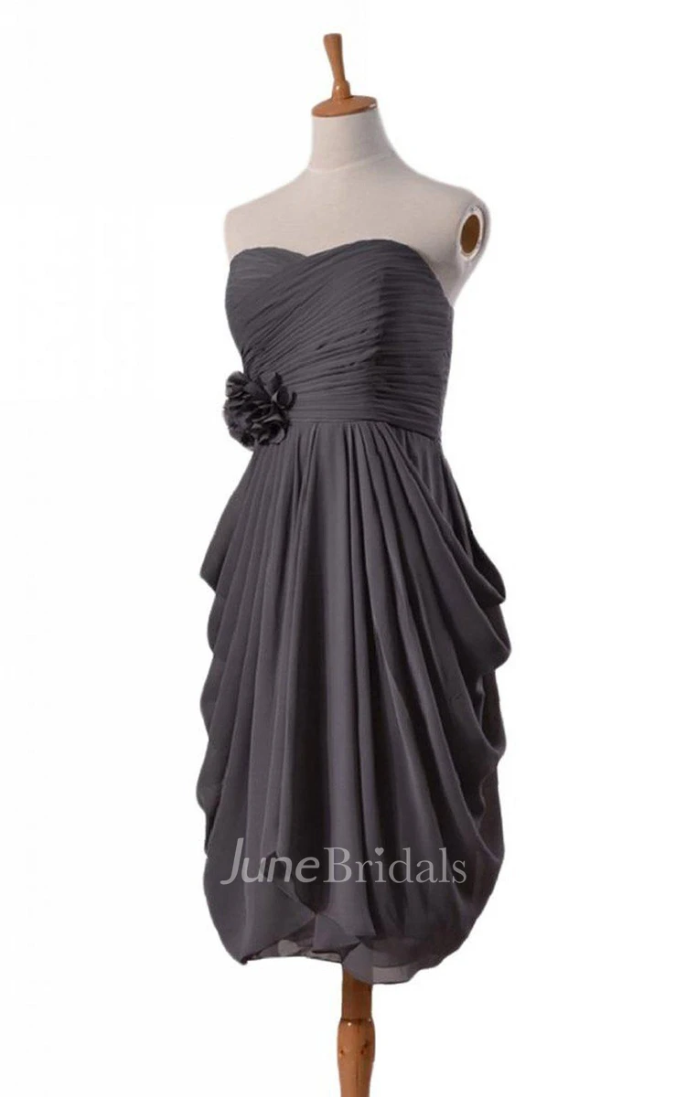 Strapless Short Ruched Chiffon Dress With Flower