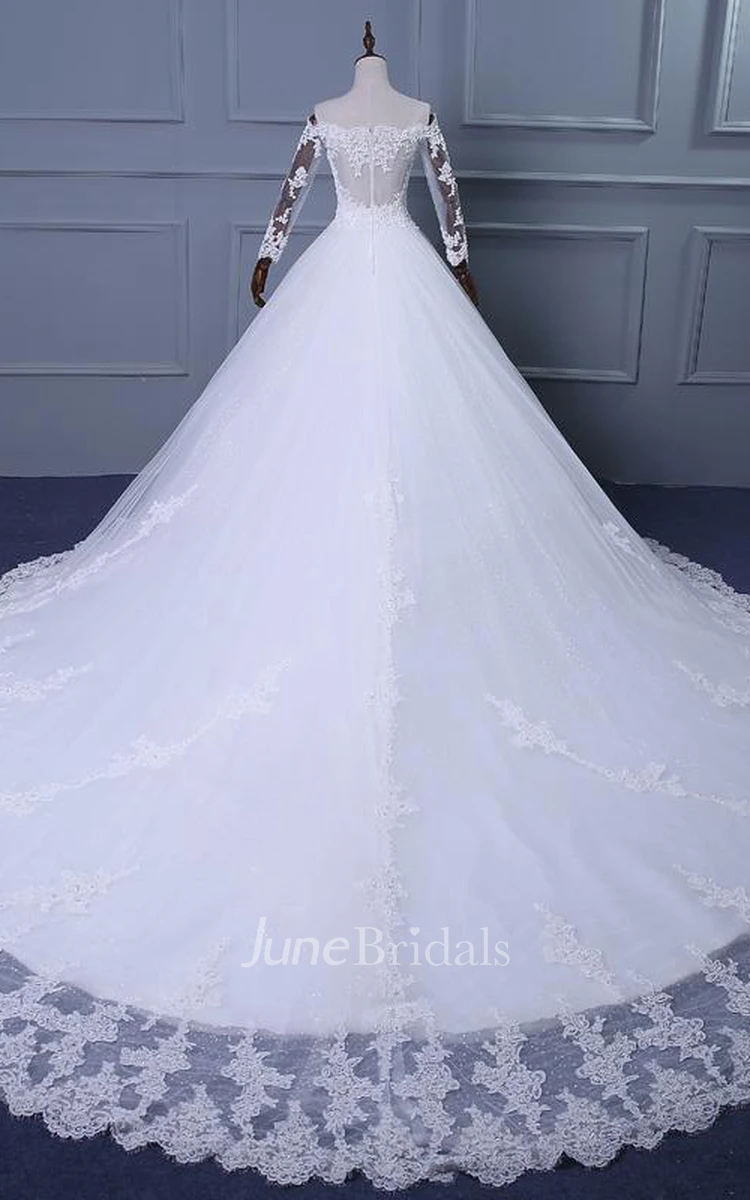A-Line Ball Gown Tea-Length Off-The-Shoulder One-Shoulder Straps Long Sleeve Beading Appliques Brush Train Straps Tulle Lace Sequins Satin Dress