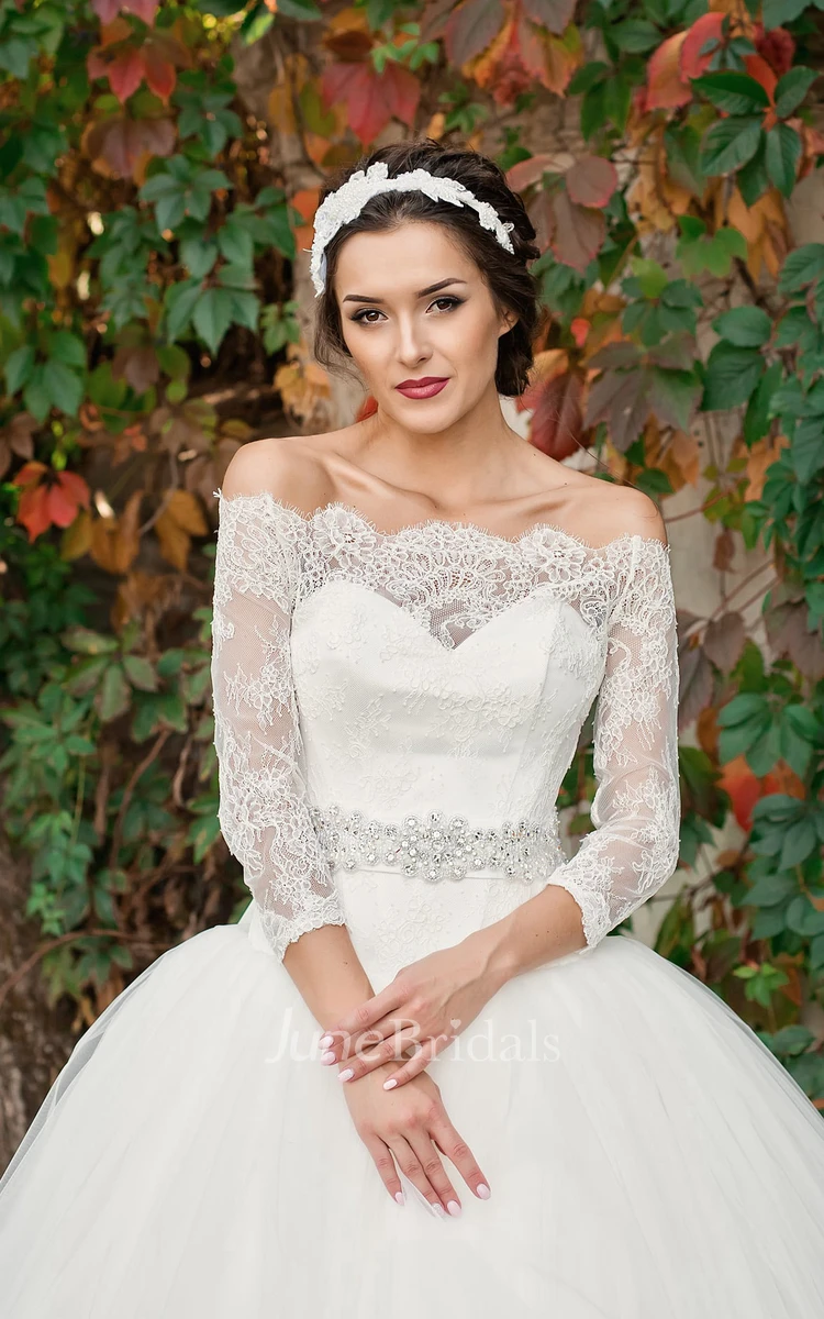 Ball Gown Floor-Length Off-The-Shoulder 3-4-Sleeve Illusion Lace Tulle Dress With Appliques And Beading