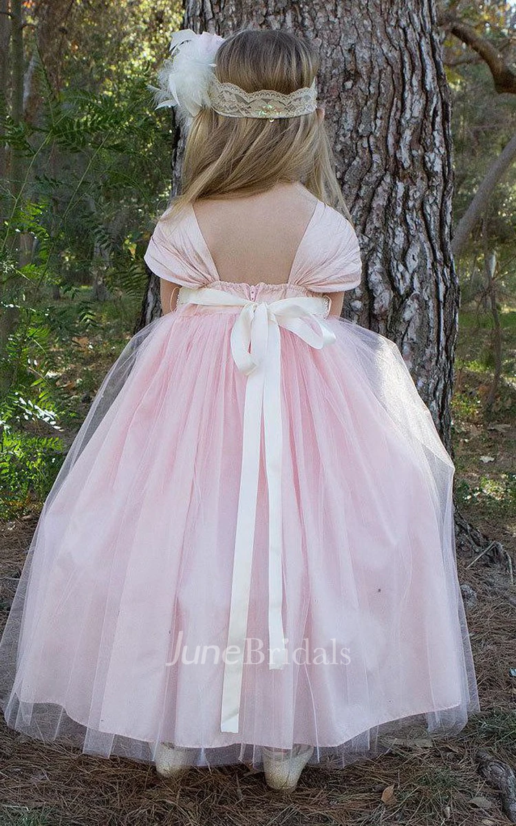 Empire Waist V-neck A-line Tulle Dress With Beading