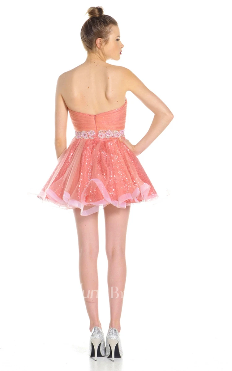 A Line Sweetheart Ruched Sleeveless Short Mini Sequins&Tulle Prom Dress With Waist Jewellery