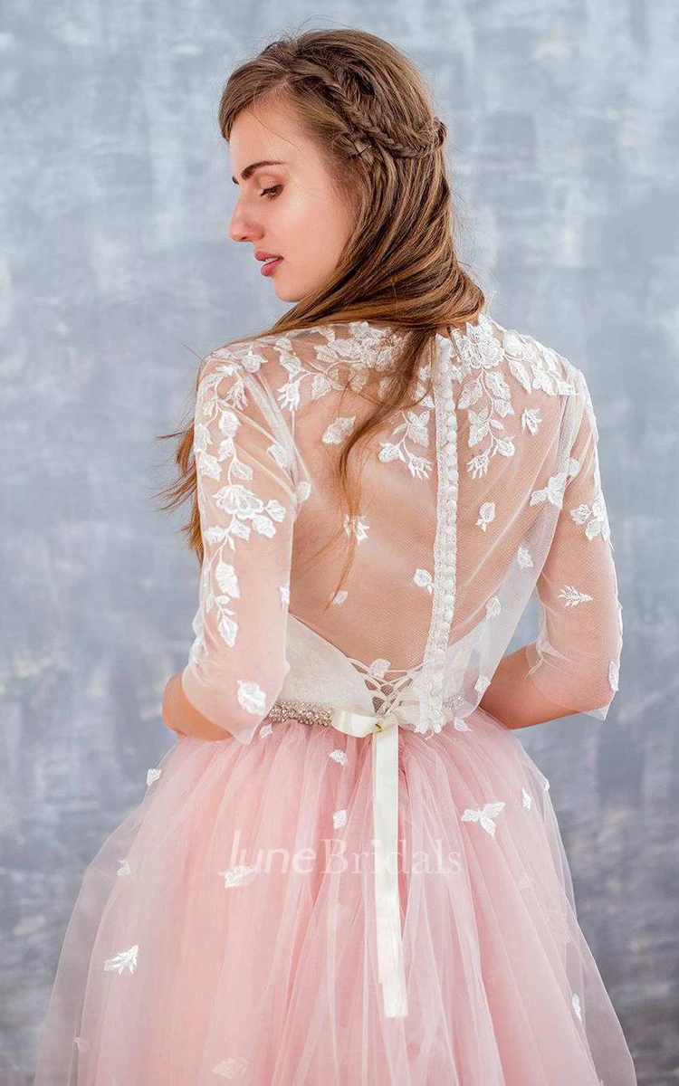 Jewel-Neck Half Sleeve Appliqued Tulle A-Line Wedding Dress With Beaded Waist