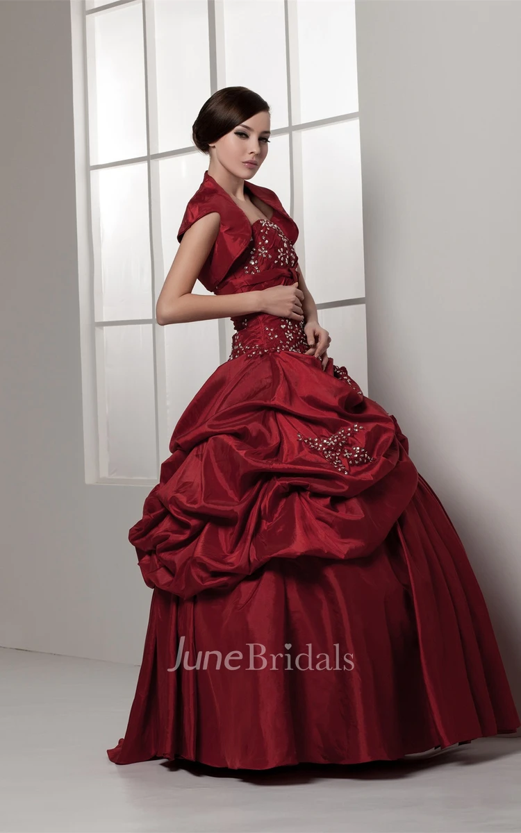 Strapless Pick-Up Ball Gown with Rhinestone and Flower