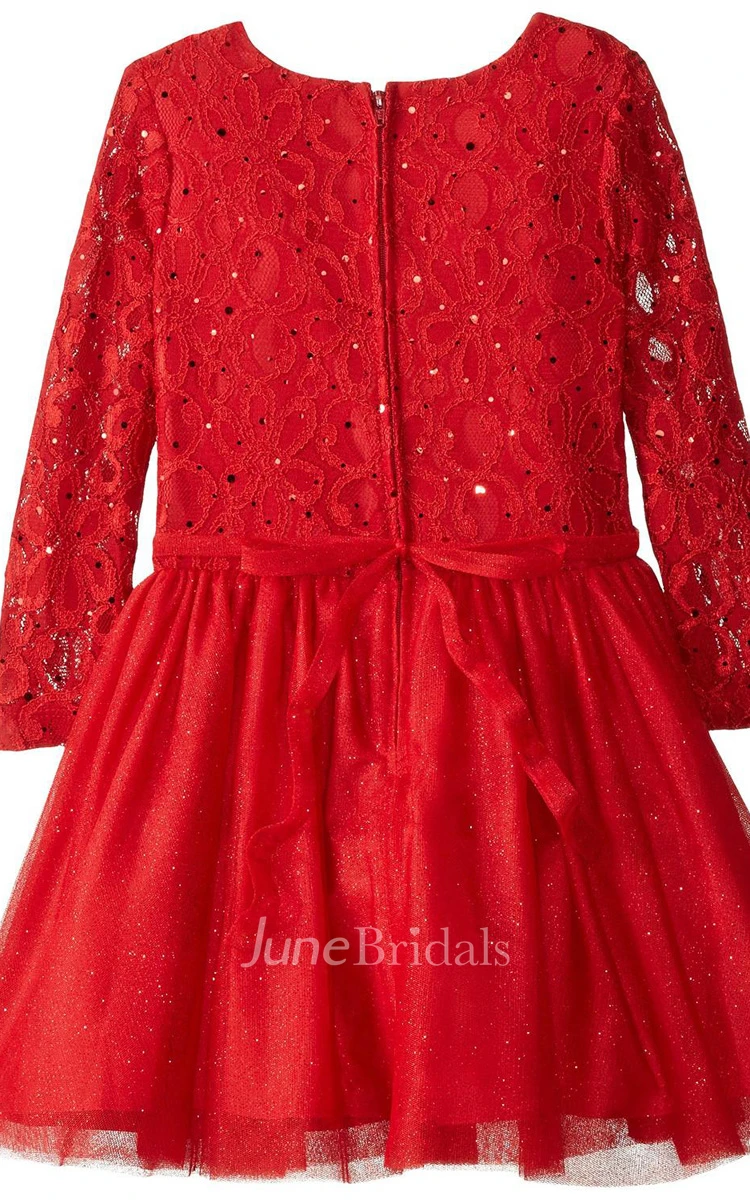 Long-sleeved A-line Sequined Dress With Pleats and Bow