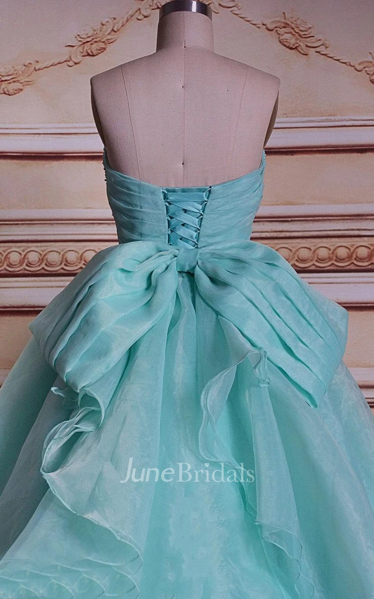 Ball Gown Lace Organza Satin Dress With Pleats Bow Beading Ruffles Corset Back