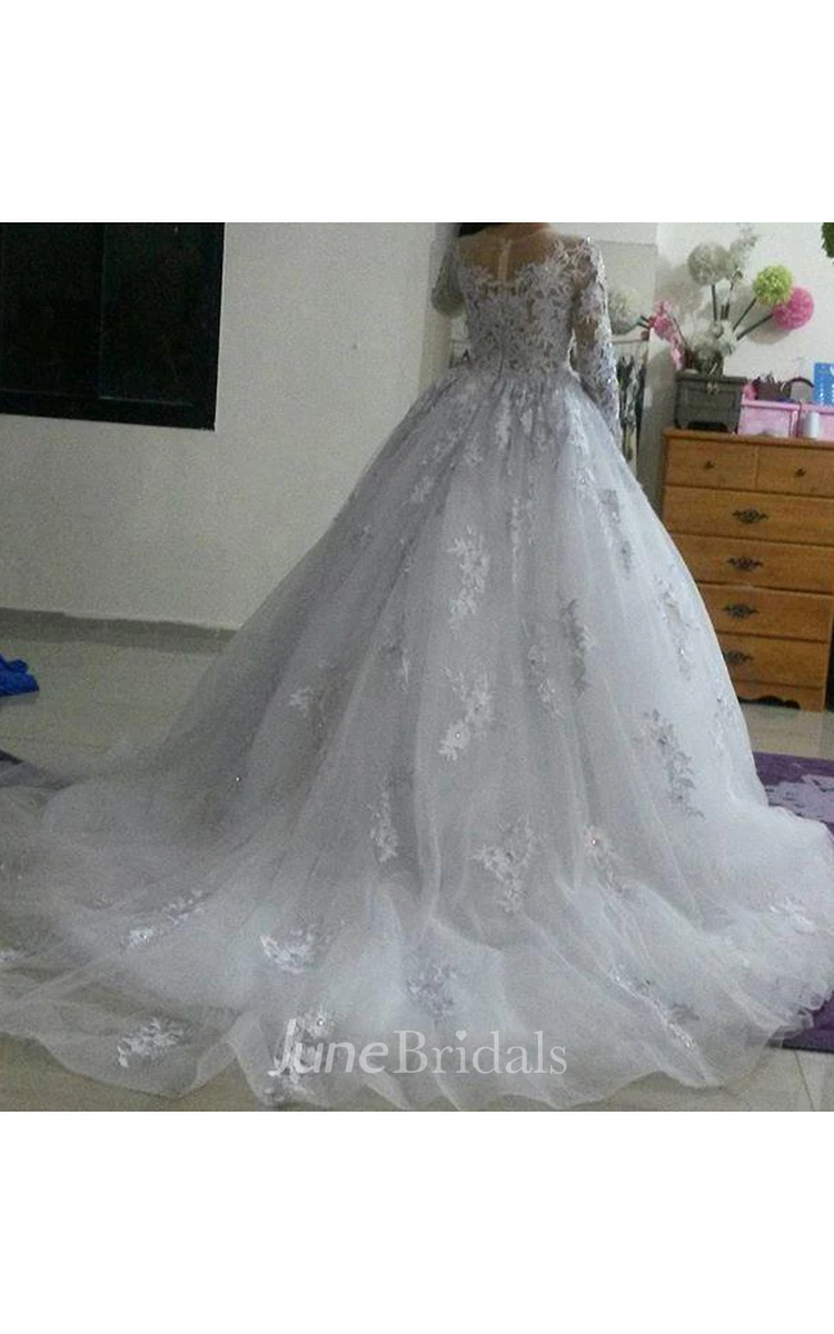 Glamorous Illusion Tulle Lace Appliques Wedding Dress Long Sleeve Zipper
