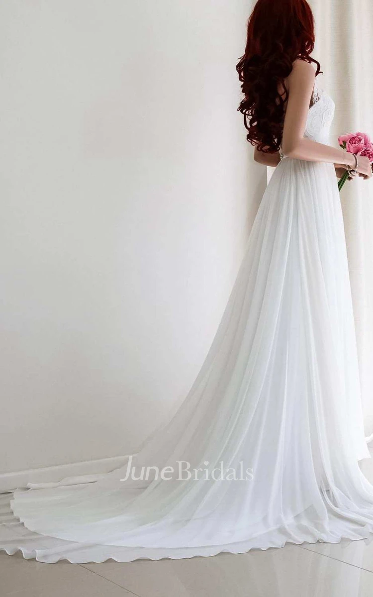Lace Appliqued Haltered Empire Chiffon Pleated Wedding Dress With Sweep Train