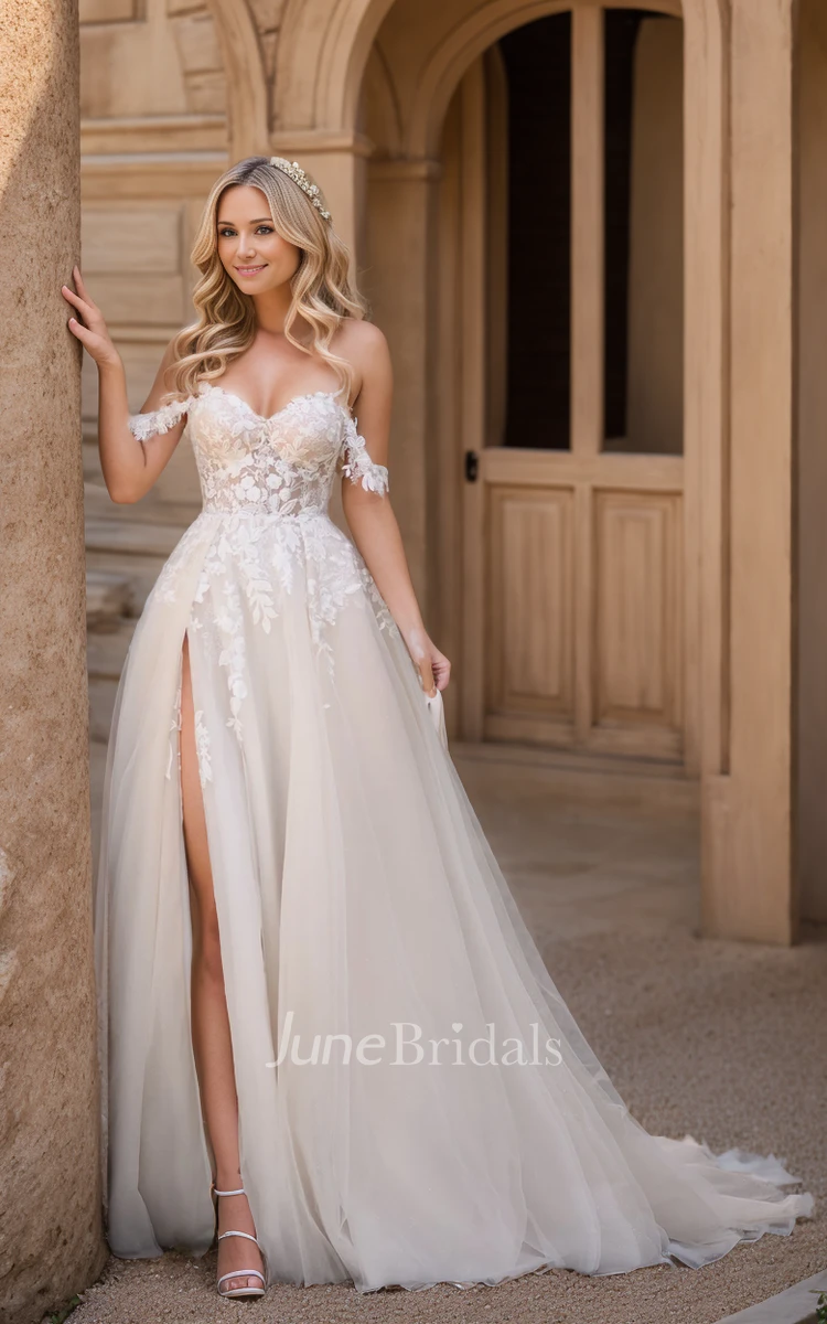 Modern Floral Boho Lace Off-the-Shoulder A-Line Wedding Dress Sexy Princess  Split Front Sleeveless Applique Bridal Gown - June Bridals