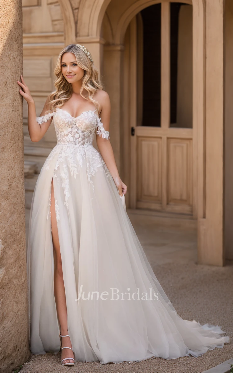 Off-the-shoulder A-Line Floor-length Split Sleeveless Wedding Dress with Appliques