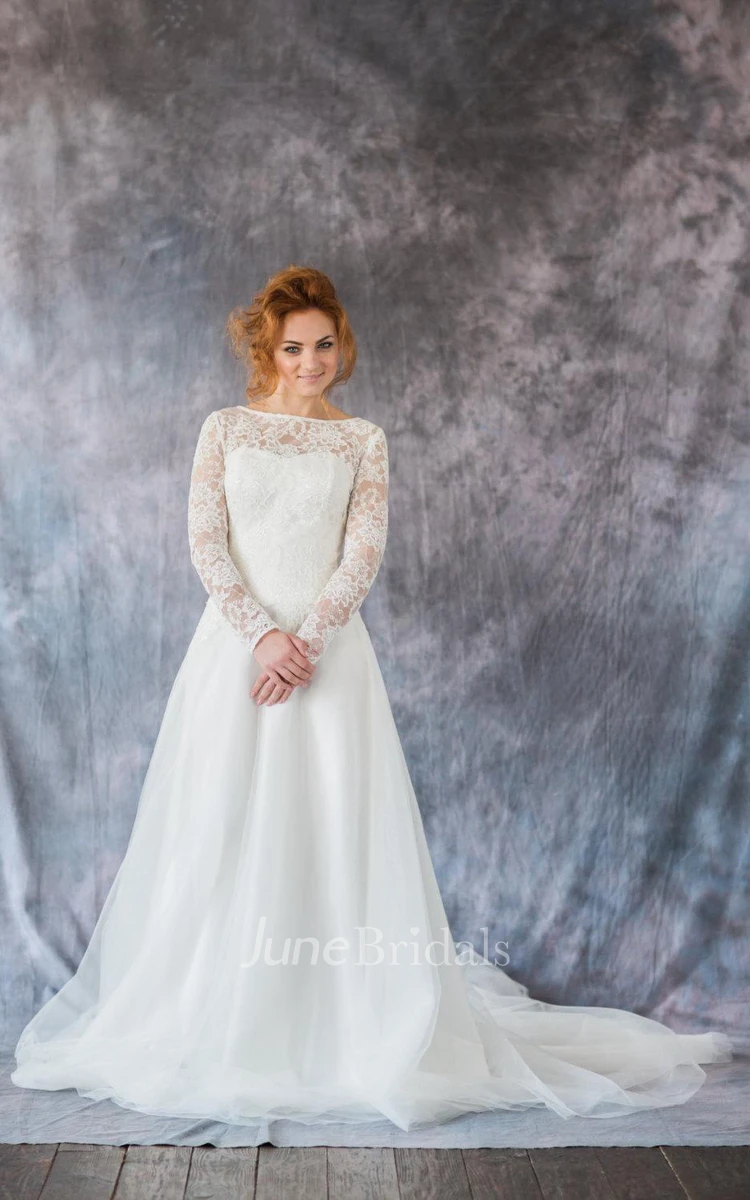 Bateau Neck Long Sleeve A-Line Organza Wedding Dress With Lace Bodice