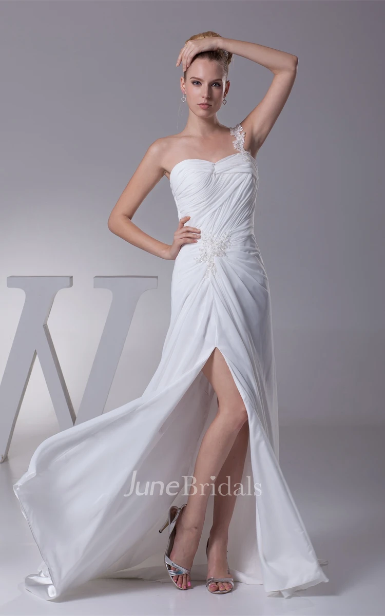 Sweetheart Ruched Front-Split Dress with Beading and Single Strap