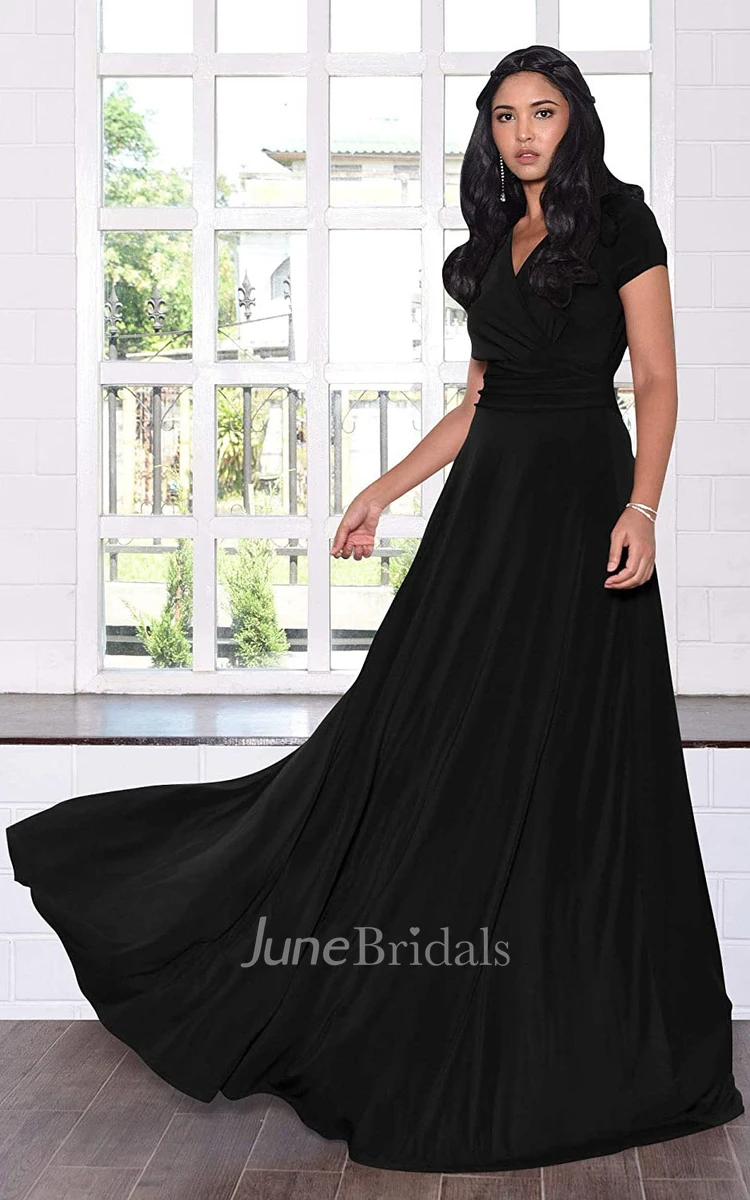 A Line V-neck Jersey Short Sleeve Prom Dress With Criss Cross and Pleats