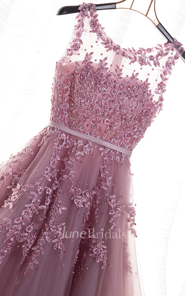 Sleeveless Adorable Bateau Tulle Floor-length Dress With Floral Appliques And Beading