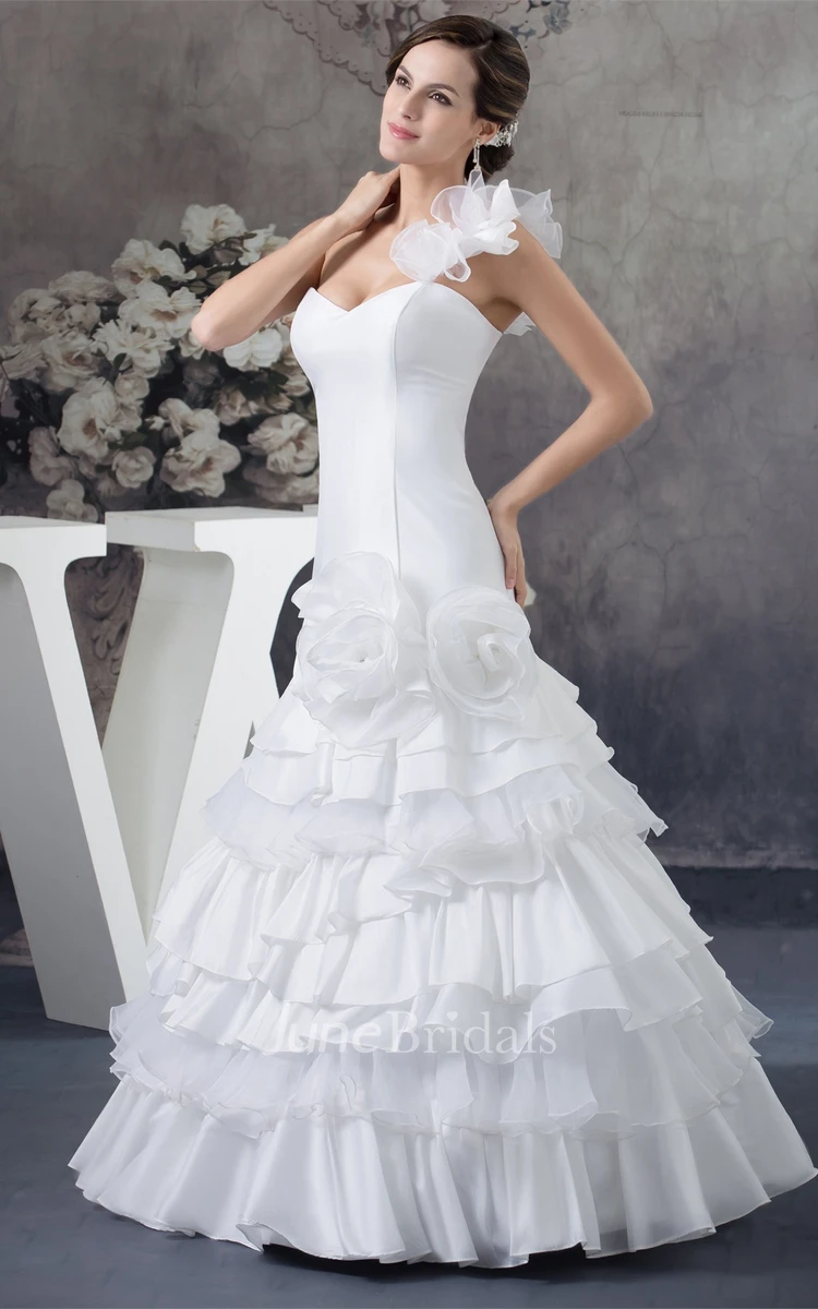 One-Shoulder Sweetheart A-Line Gown with Flower and Tiers