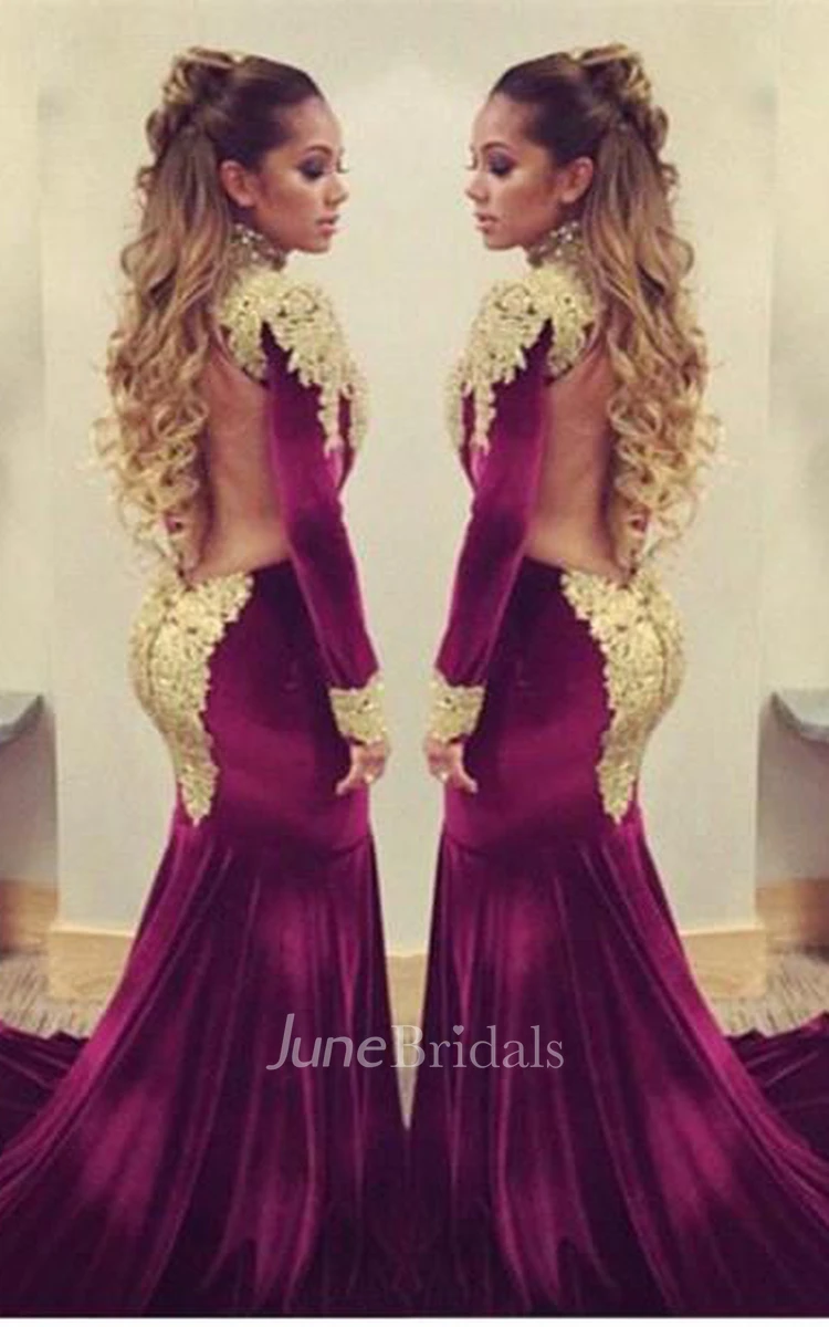 Stunning Long Sleeve Golden Appliques Evening Dresses Mermaid With Train