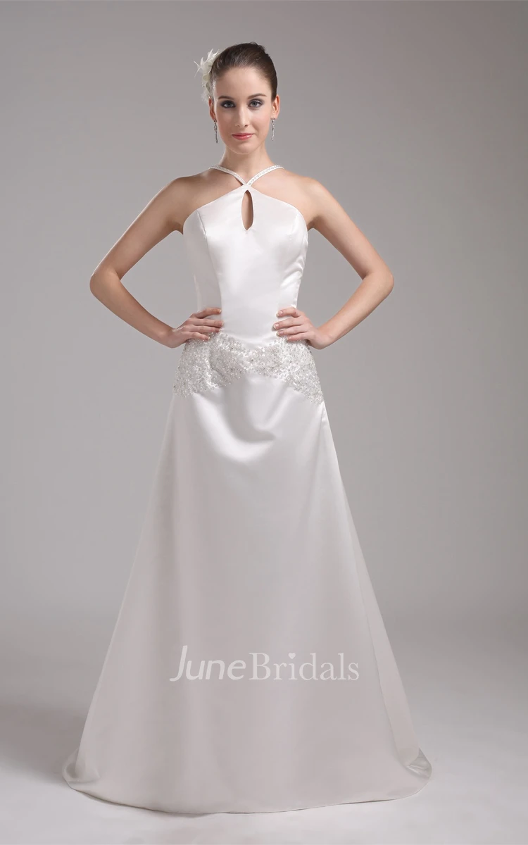 Sleeveless Satin Sheath Dress with Appliques and Brush Train