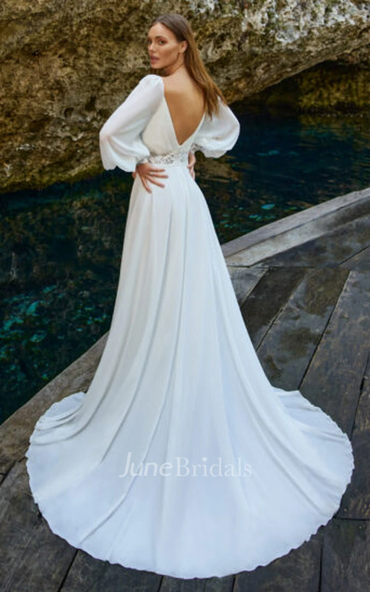 Greek Bohemian A-Line Satin Wedding Dress With Poet Long Sleeves And Deep-V Back