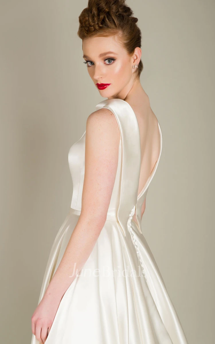 Elegant Satin Jewel Neck Sleeveless Deep-V Back Bridal Gown