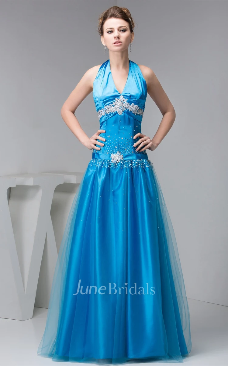 Plunged Sleeveless A-Line Dress with Beading and Broach