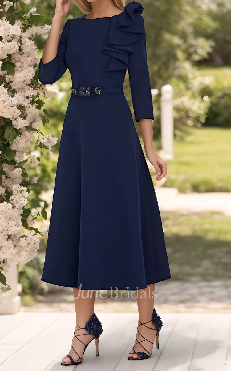 Modest Modern A-Line Tea-Length Dark Navy Blue Wedding Guest Dress with Jewel Neck and Sash