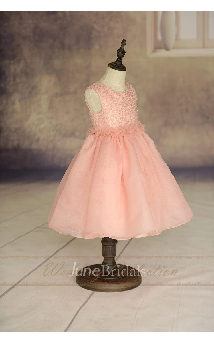 Blush Pink Flower Girl Dress Handmade Flowers Waistband Tulle Skirt and Sequin Bodice