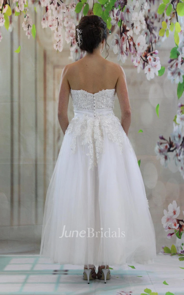 1950S Tea-Length Beaded Tulle Wedding Dress With Appliques