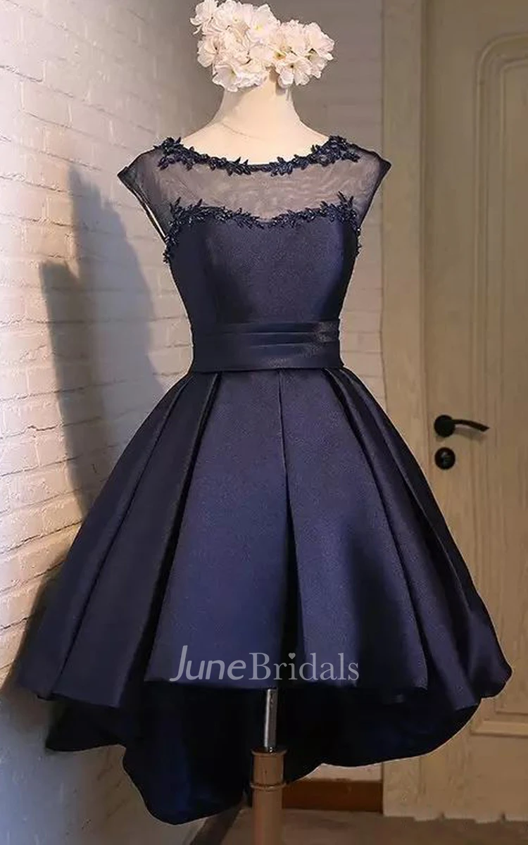 A-line Bateau Cap Short Sleeve High-low Satin Prom Dress with Appliques and Beading