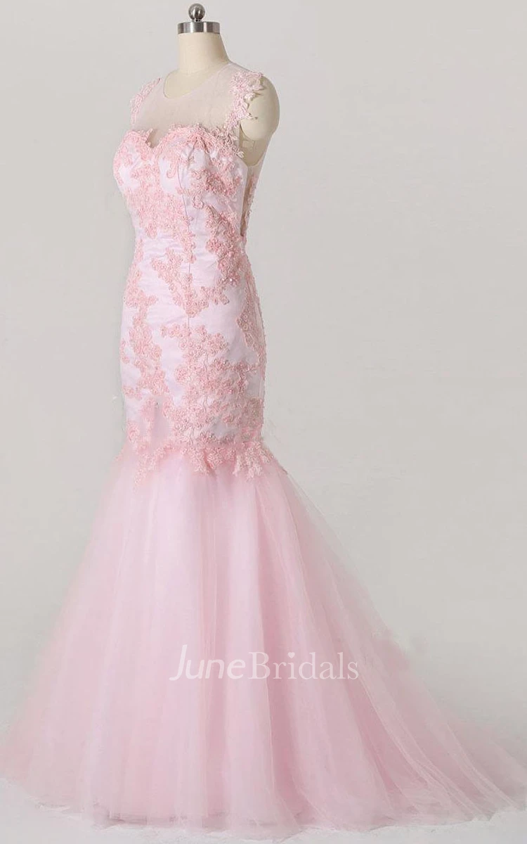 Trumpet Scoop Tulle Dress With Appliques And Illusion Back