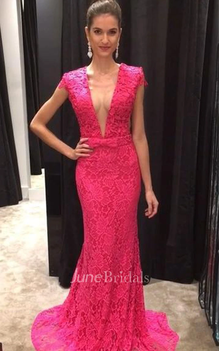 Sexy Fuchsia Deep V-Neck Prom Dresses Cap Sleeve Lace Floor Length
