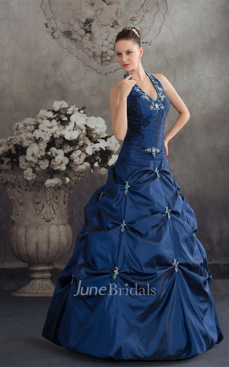 Plunged Pick-Up Ball Gown with Buckle and Crystal Detailing