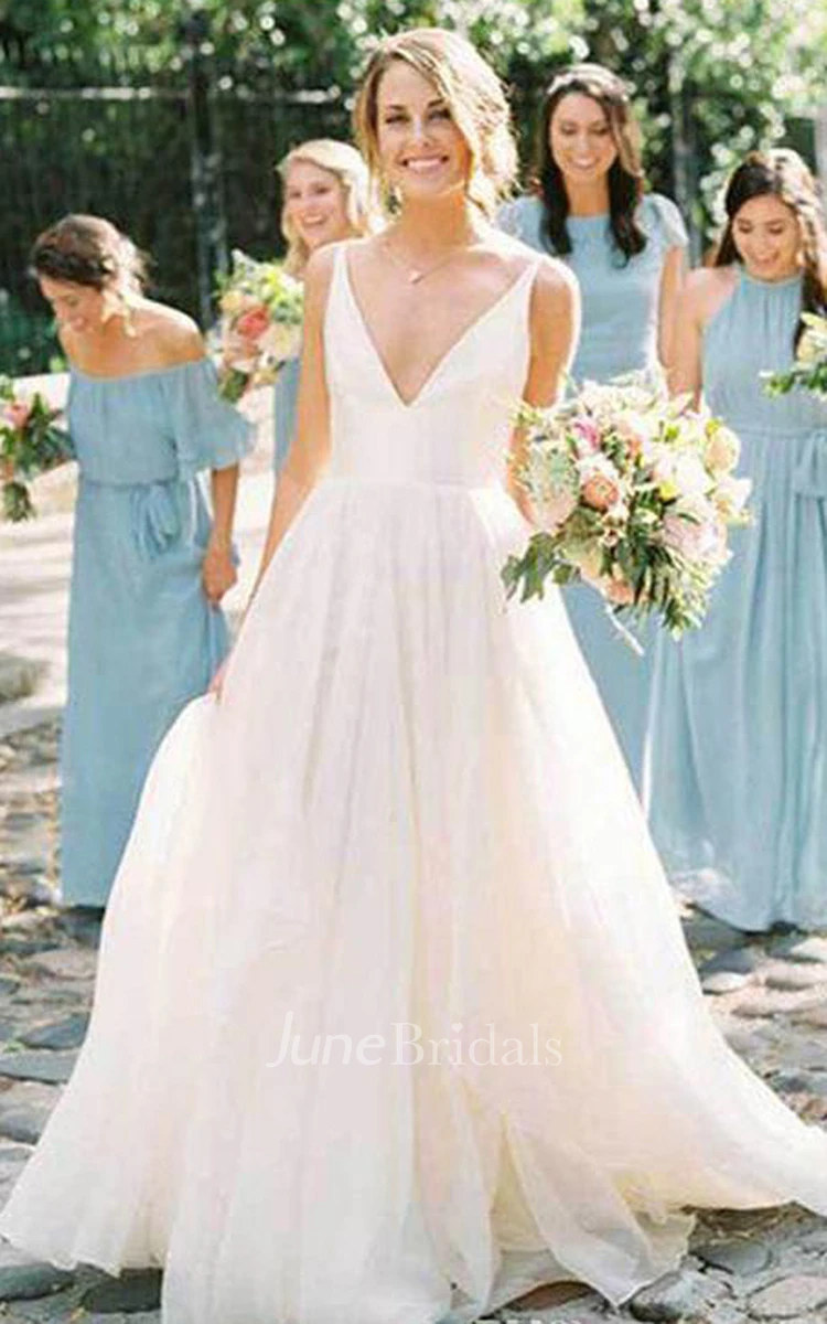 A Line Ball Gown V-neck Tulle Satin Floor-length Sleeveless Wedding Dress