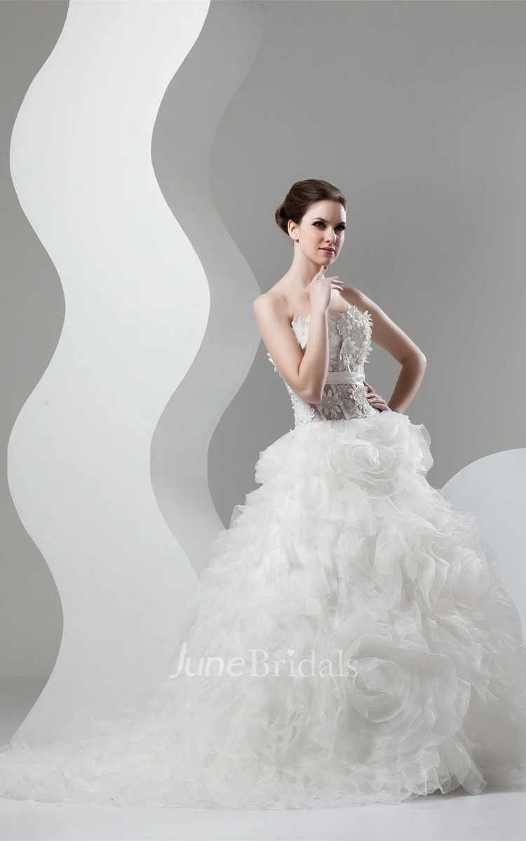 Strapless Ruffled Ball Gown with Flower and Appliques