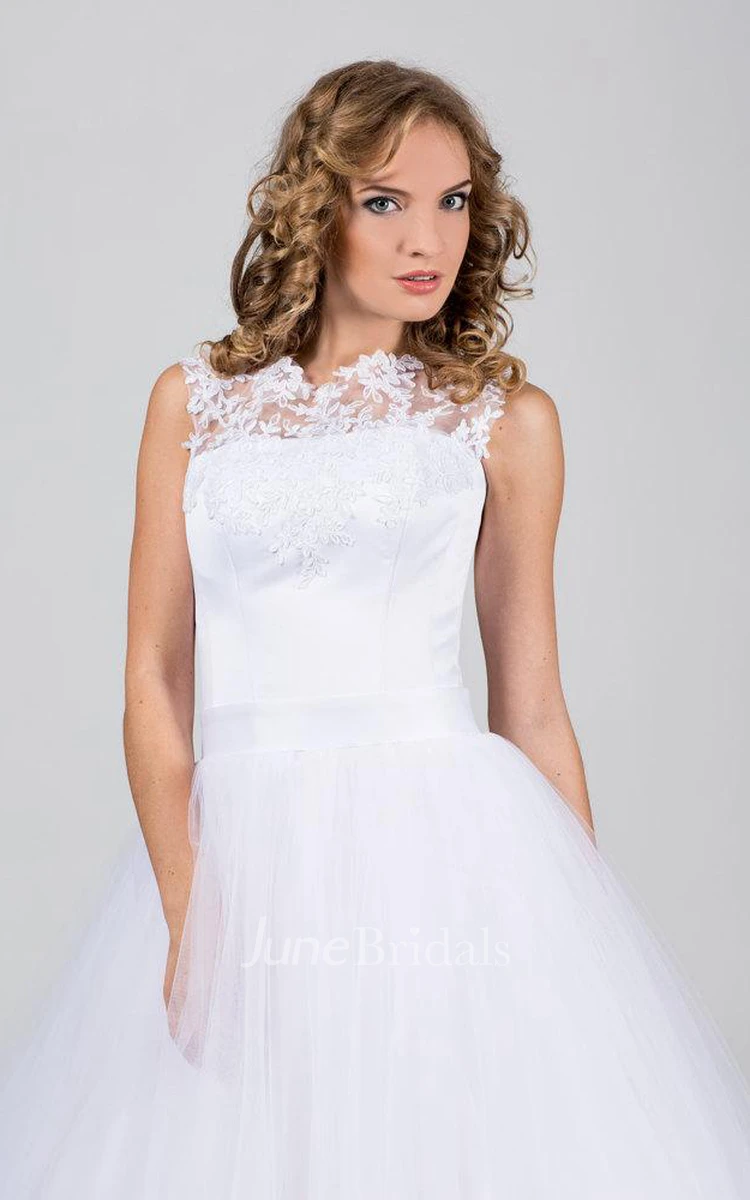 High Neck Sleeveless Tulle Ball Gown With Lace Appliques